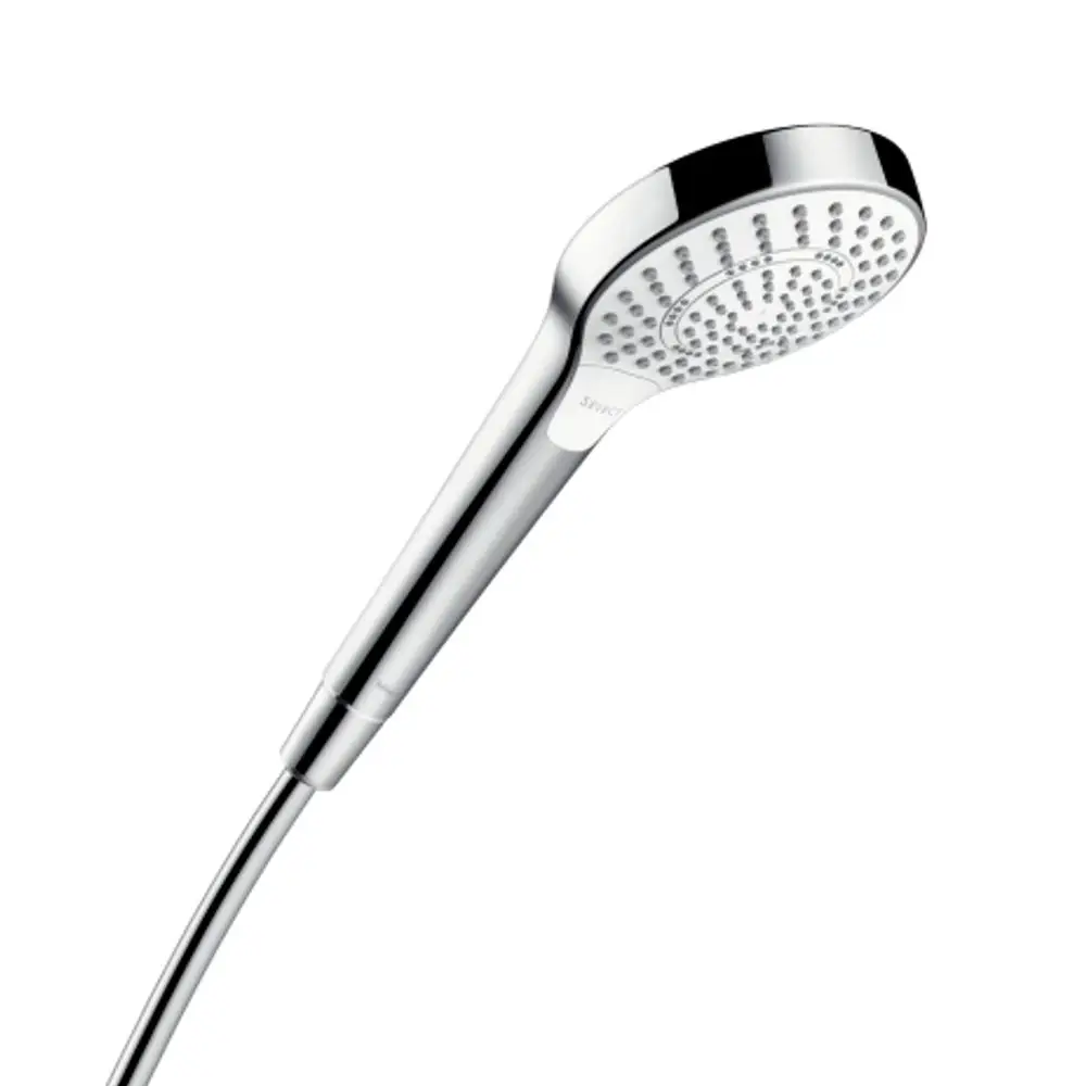 Handbrause in Weiß und Chrom von Hansgrohe mit runder Form und mehreren Düsen zur Wasserverteilung. Befestigung über Schlauchstück.